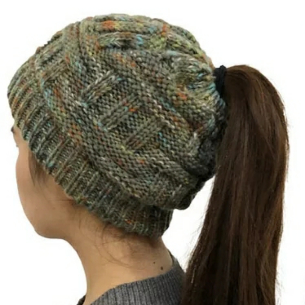 PonyTail Knit Beanie - gray splice mix